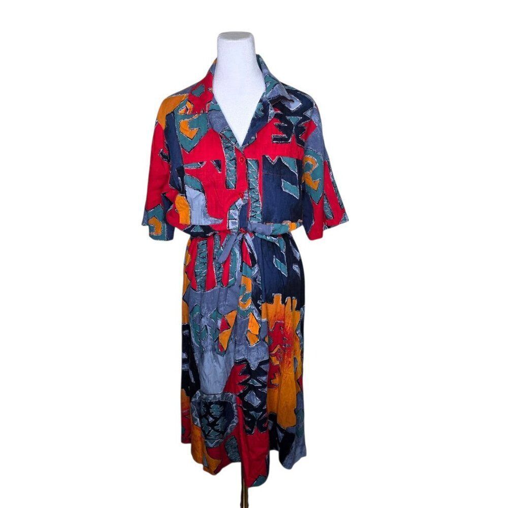 Ro-Vel Vintage 80s Short Sleeve Tie Waist Shirt dress Womens Size S Multi